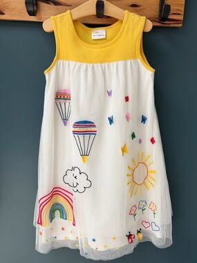 Hanna Andersson Yellow & White Embroidered Rainbow Hot Air Balloon Dress